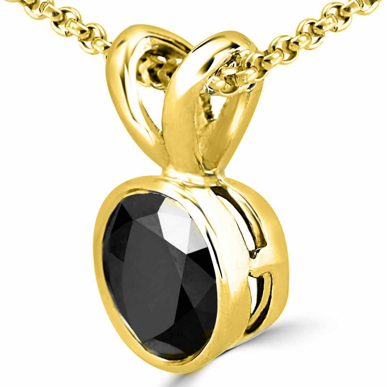 14K Y Gold 2.00 TCW  Enhanced Black Diamond In Bezel Solitaire Pendant & Chain