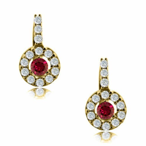 14K Yellow Gold Plated Silver JULY Birthstone Halo Drop Lever Back Earrings