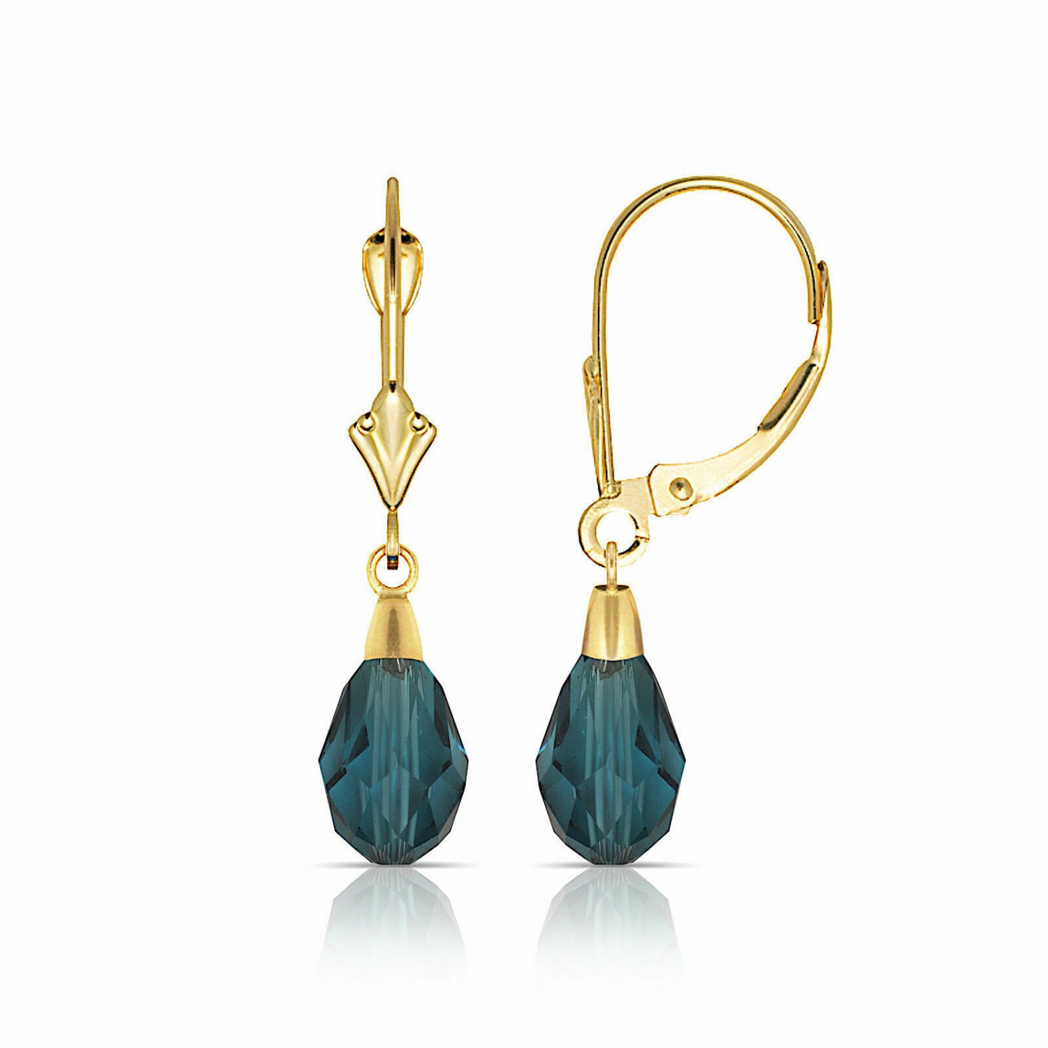 14K Yellow Gold Tear Drop Shaped Blue Topaz Dangle Drop Lever Back Earrings