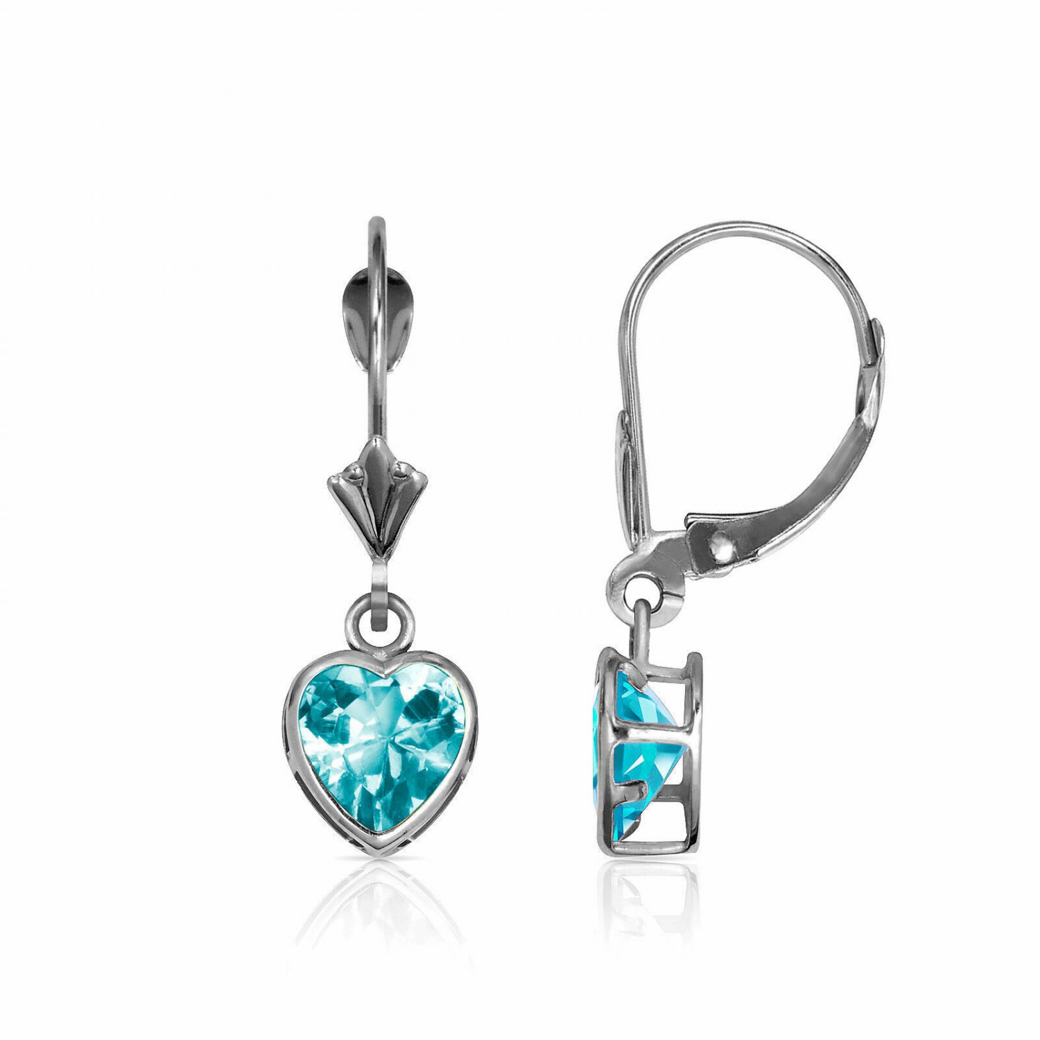 14K Solid White Gold 6MM Bezel Set Topaz  Heart Lever Back Dangle Earrings
