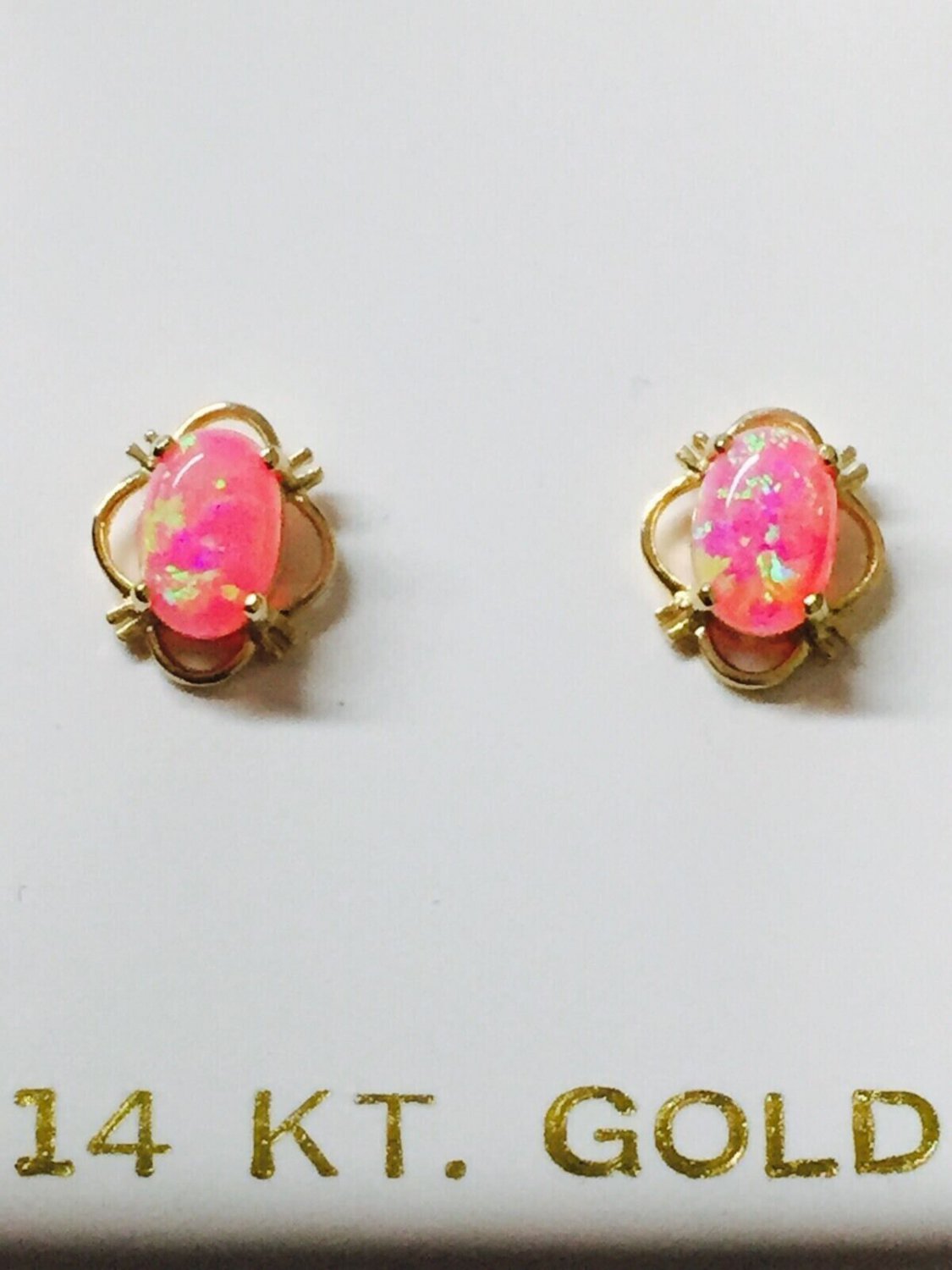 14K Solid Yellow Gold Oval Pink Opal Stud Screw Back Earrings