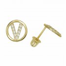 14K Yellow Gold Letter "V" Initial Round Child  Screw Back Stud Earrings