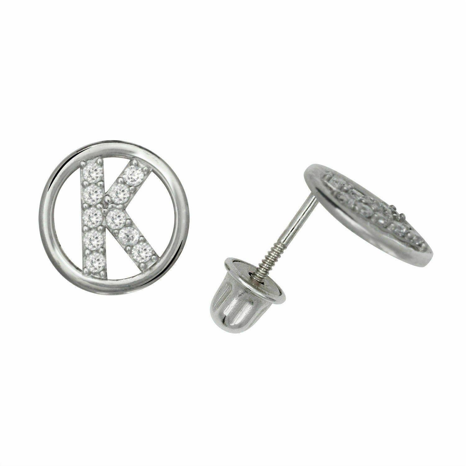14K White Gold Letter "K" Initial Round Child  Screw Back  Stud Earrings