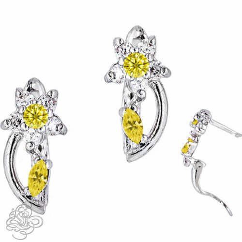 14K  White Gold NOVEMBER Ladies Stylish Birthstones Flower Huggie Earrings