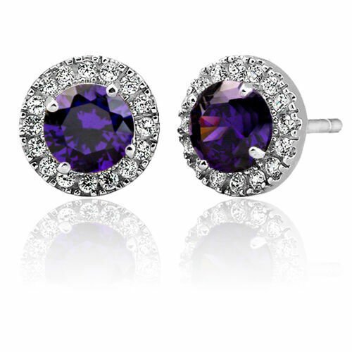 14K White Gold 2.39 CT Women's Elegant Halo Round Dark Amethyst Stud Earrings