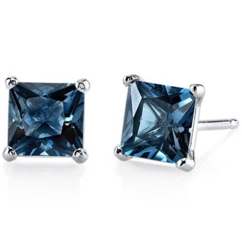 14k White Gold Princess Cut London Blue Topaz Gemstone Stud Earrings