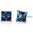 14k White Gold Princess Cut London Blue Topaz Gemstone Stud Earrings