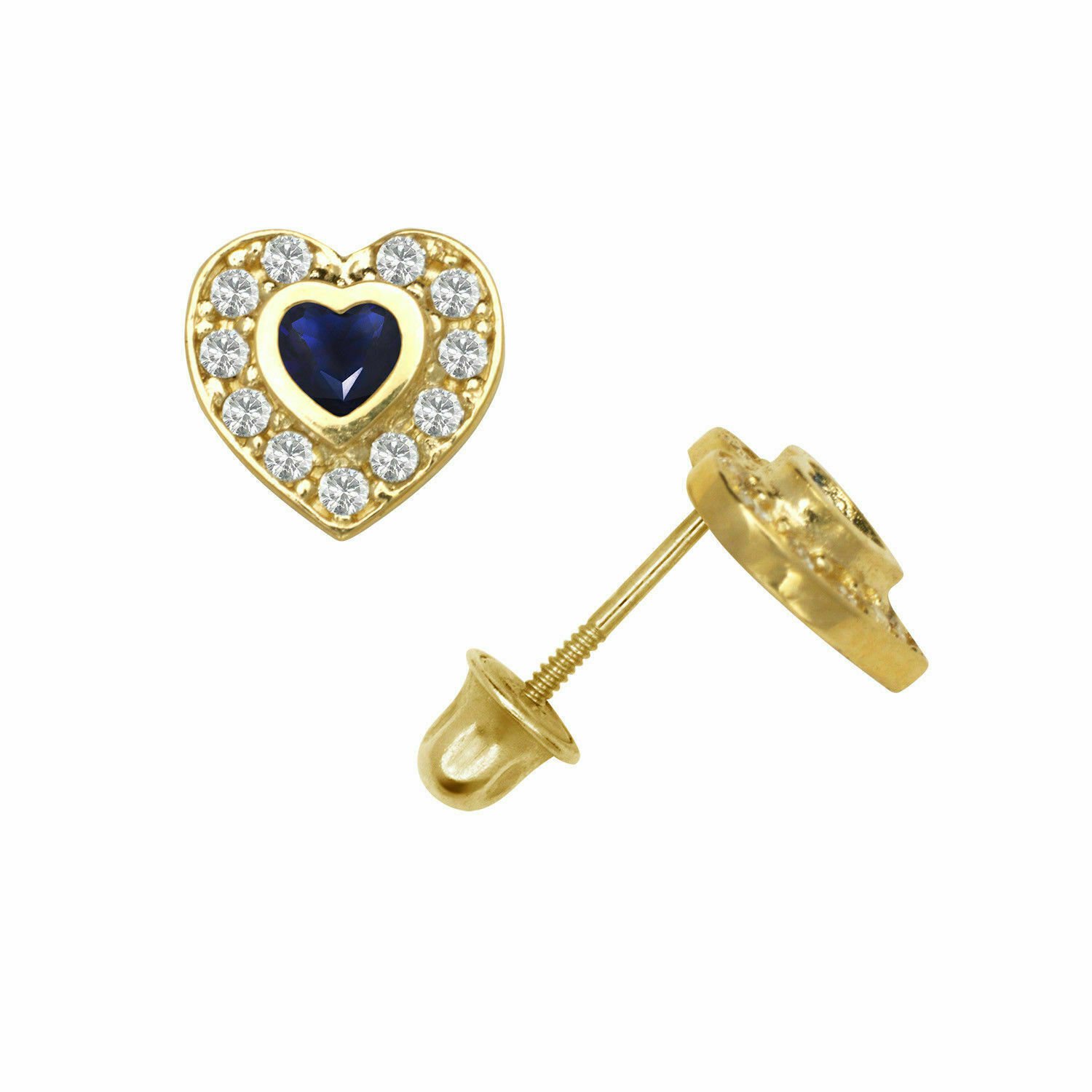 14K White Gold Blue Sapphire Halo CZ Heart Shape Screw Back Stud Earrings