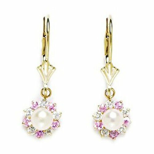 14K Yellow Gold Pink White Pearl Large Flower Drop Lever Back Earrings
