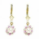 14K Yellow Gold Pink White Pearl Large Flower Drop Lever Back Earrings
