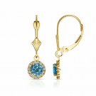 14K Yellow Gold 1.25 CT Round Halo Blue Topaz Drop Dangle Lever Back Earrings
