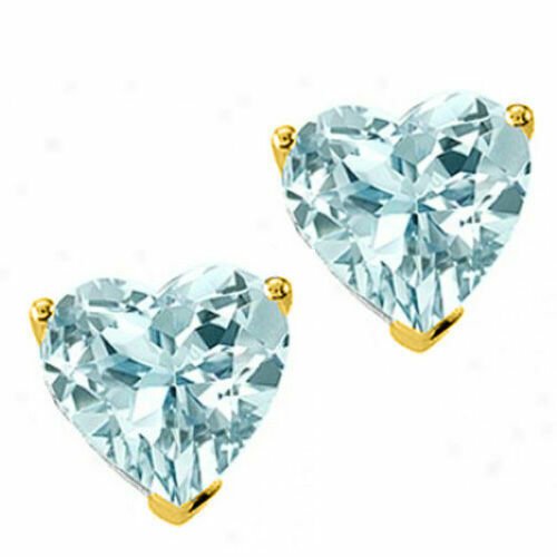 7MM 3.00CT 14K SOLID YELLOW GOLD HEART AQUAMARINE SCREW BACK STUD EARRINGS