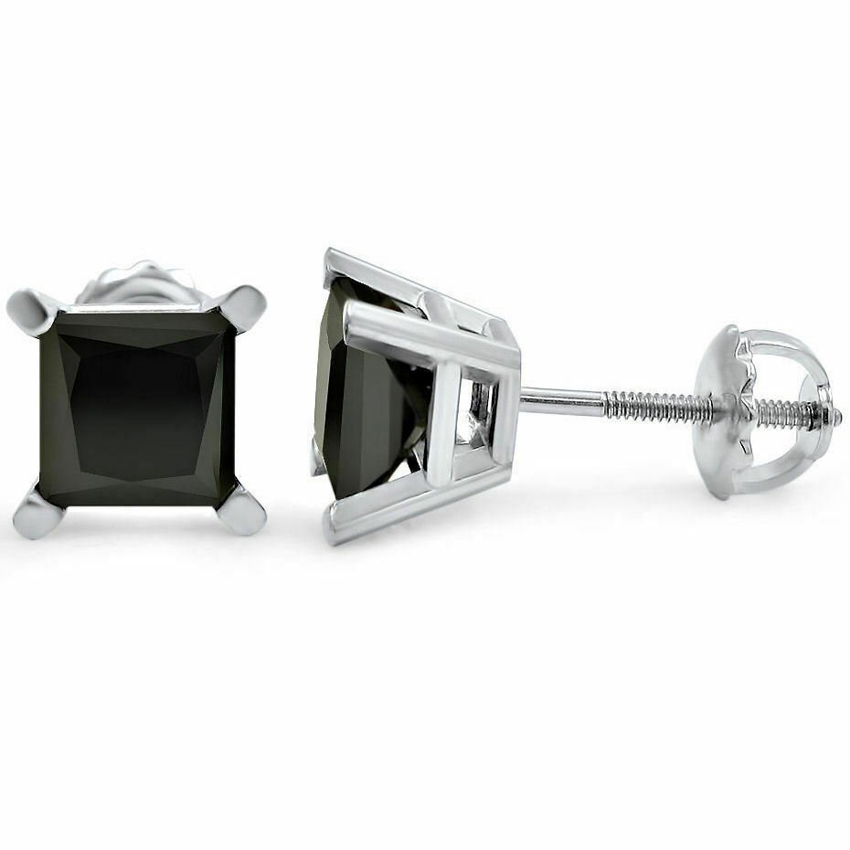 14k White Gold 0.25CT Black Diamond Princess Cut Stud Earrings