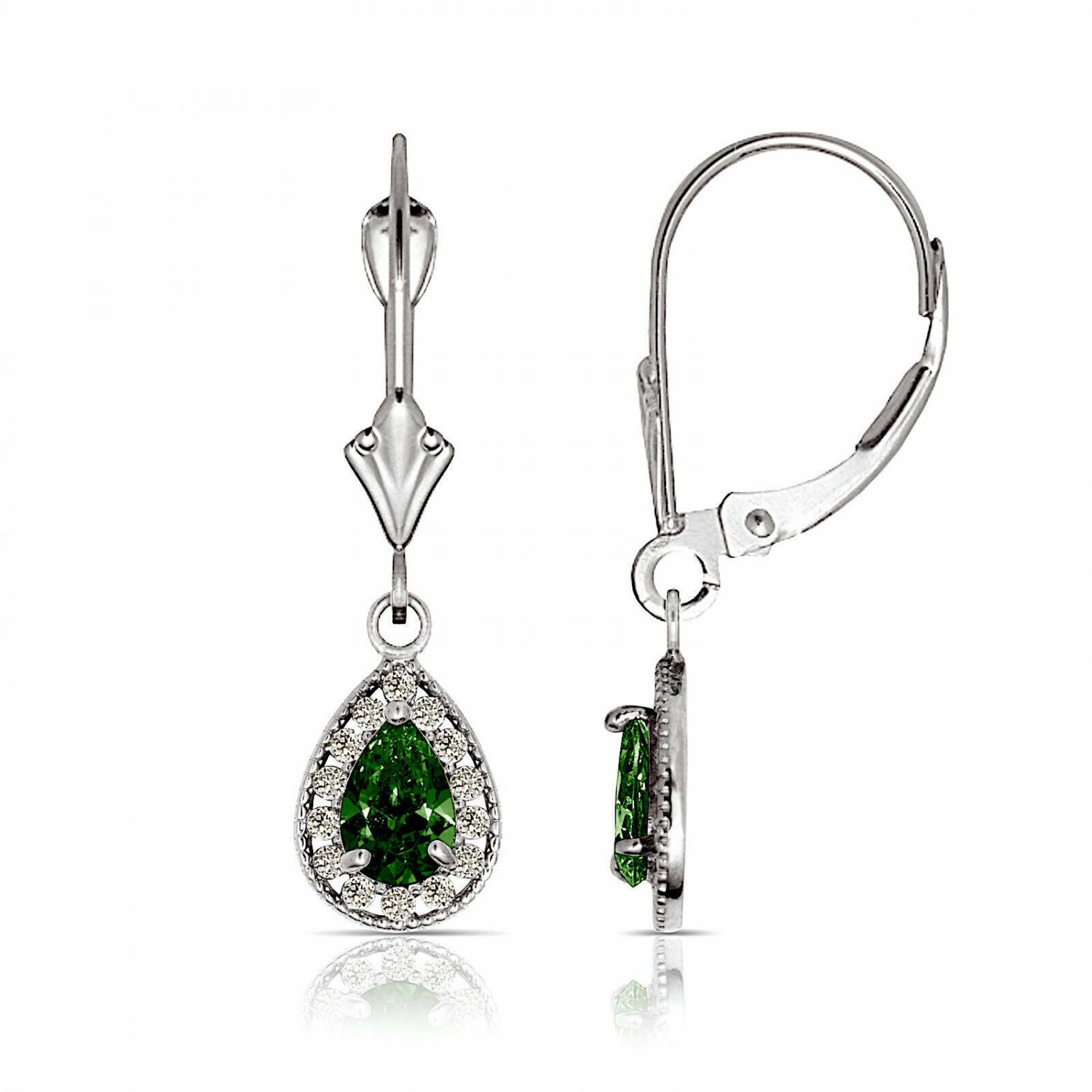 14K White Gold  1.65 CTW Halo Emerald Pear Tear Drop Dangle Leverback Earrings