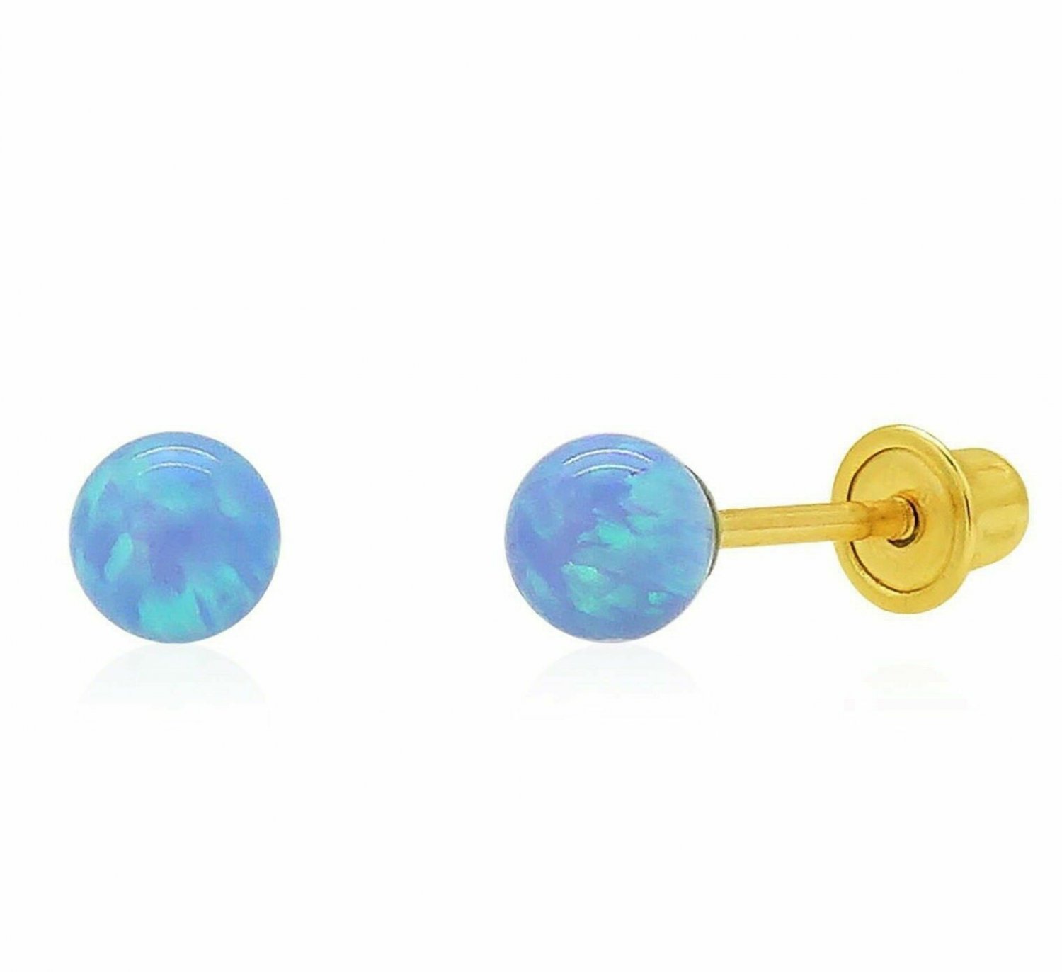 14K Solid Yellow Gold 4MM Light Blue Opal Round Ball Screw Back Stud Earrings