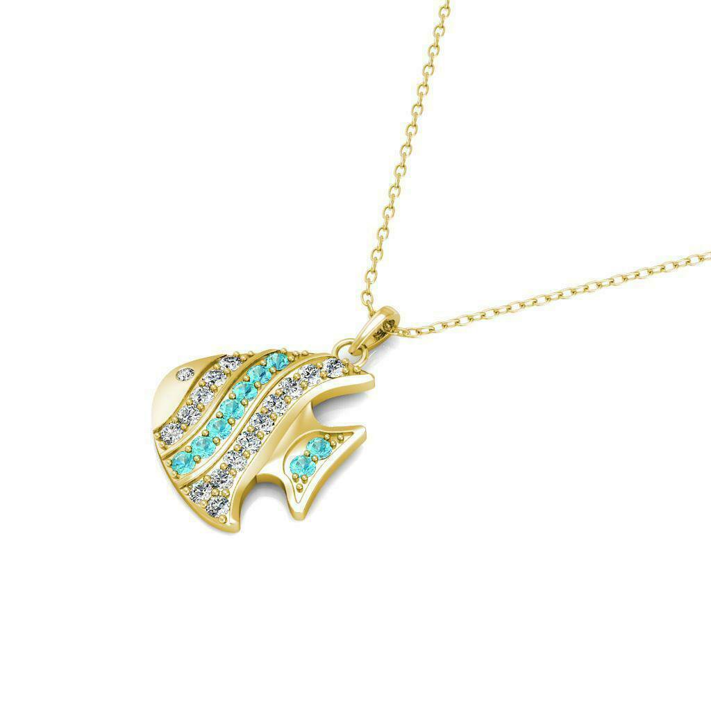 14K Yellow Gold 0.20 CT Created Diamond and Aquamarine Fish Pendant Just Pendant