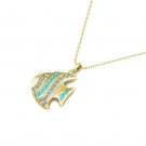 14K Yellow Gold 0.20 CT Created Diamond and Aquamarine Fish Pendant Just Pendant