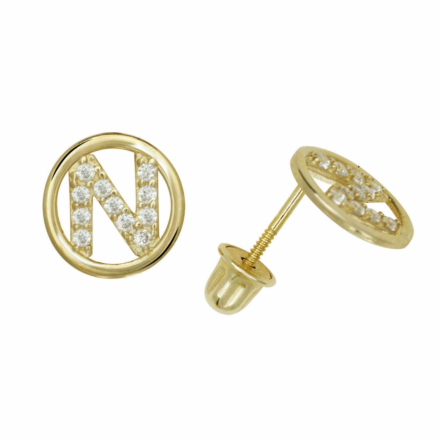 14K Yellow Gold Letter "N" Initial Round Child  Screw Back Stud Earrings