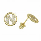14K Yellow Gold Letter "N" Initial Round Child  Screw Back Stud Earrings
