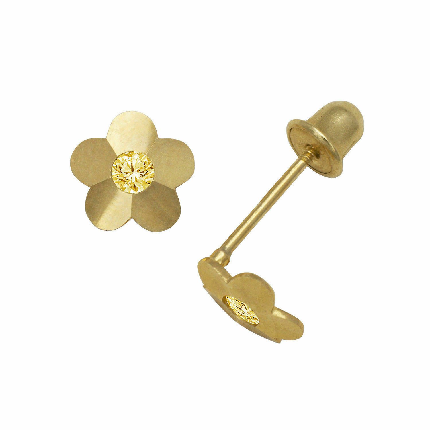 14K Yellow Gold Baby Girl Citrine Birthstone Flower Screw Back Stud Earrings