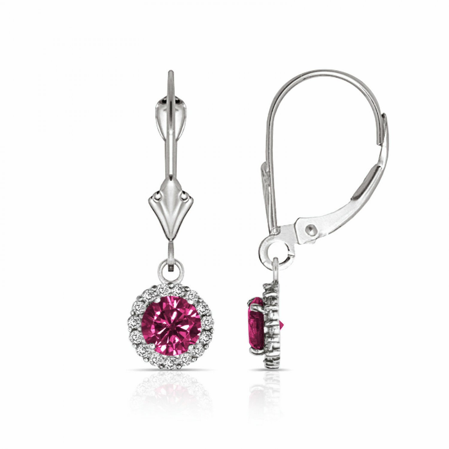 14K White Gold 1.25 CT Round Halo Ruby Drop Dangle Lever Back Earrings