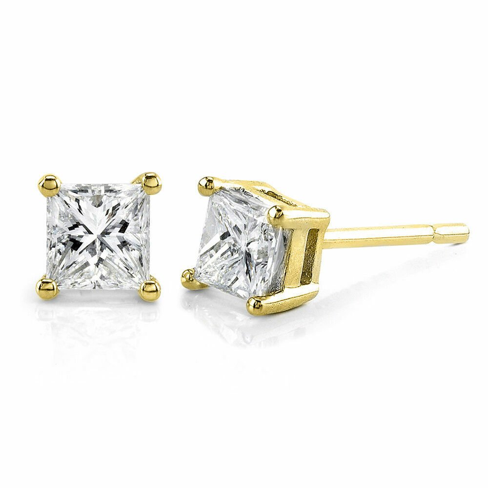 14K Yellow Gold 1.00CT  TDW Princess cut Diamond Stud Earrings