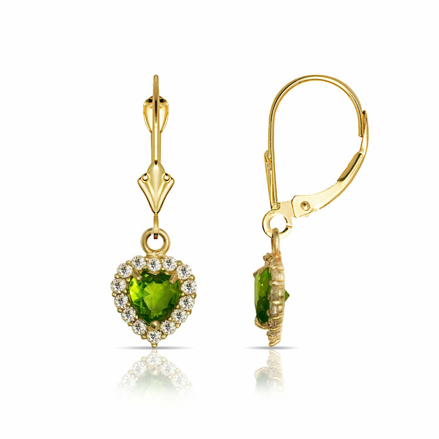 14K Yellow Gold White Sapphire& Peridot Halo Heart Dangle Lever Back Earrings
