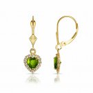 14K Yellow Gold White Sapphire& Peridot Halo Heart Dangle Lever Back Earrings