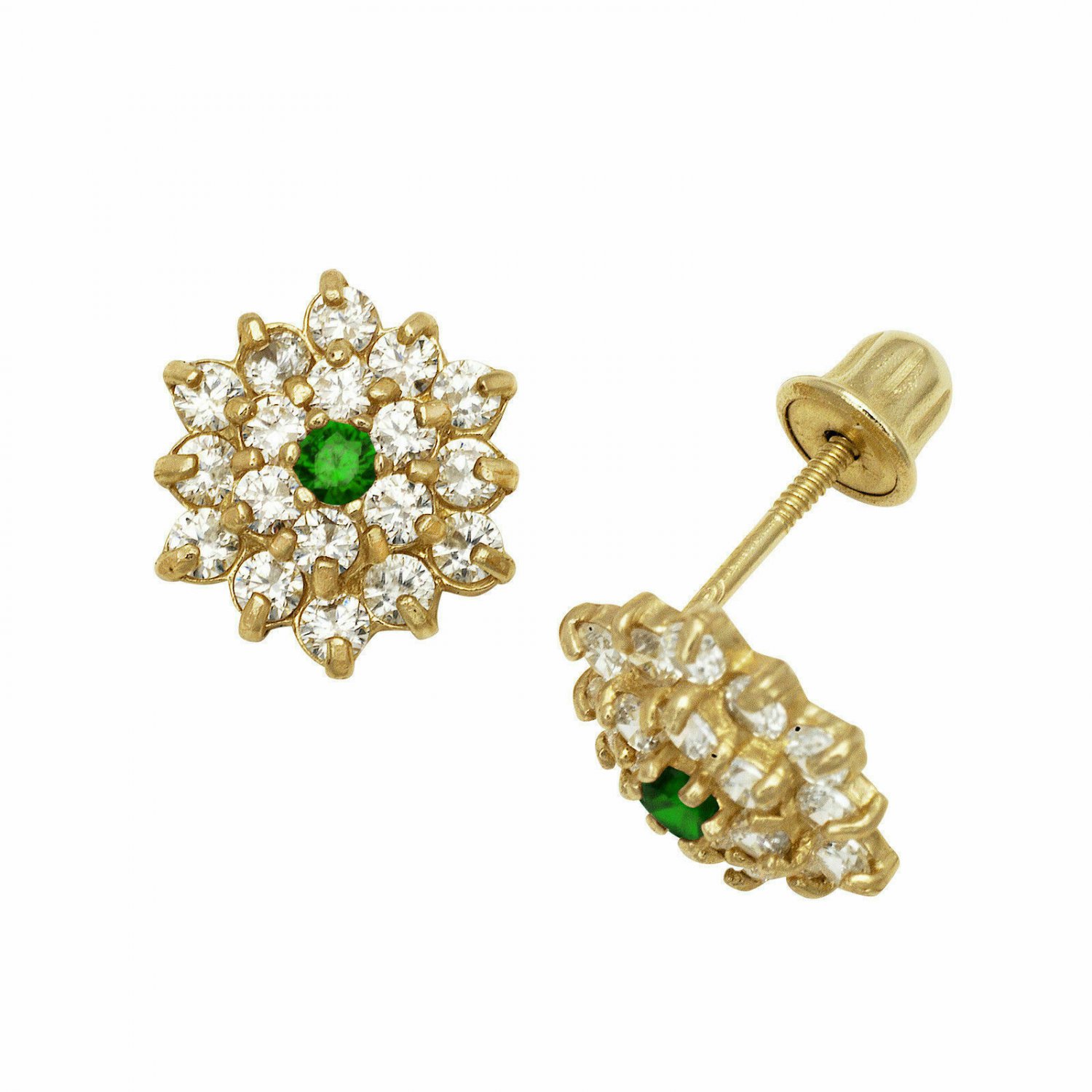 14K Yellow Gold Emerald Birthstone CZ Baby Girl Flower Screw Back Stud Earrings