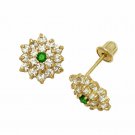 14K Yellow Gold Emerald Birthstone CZ Baby Girl Flower Screw Back Stud Earrings
