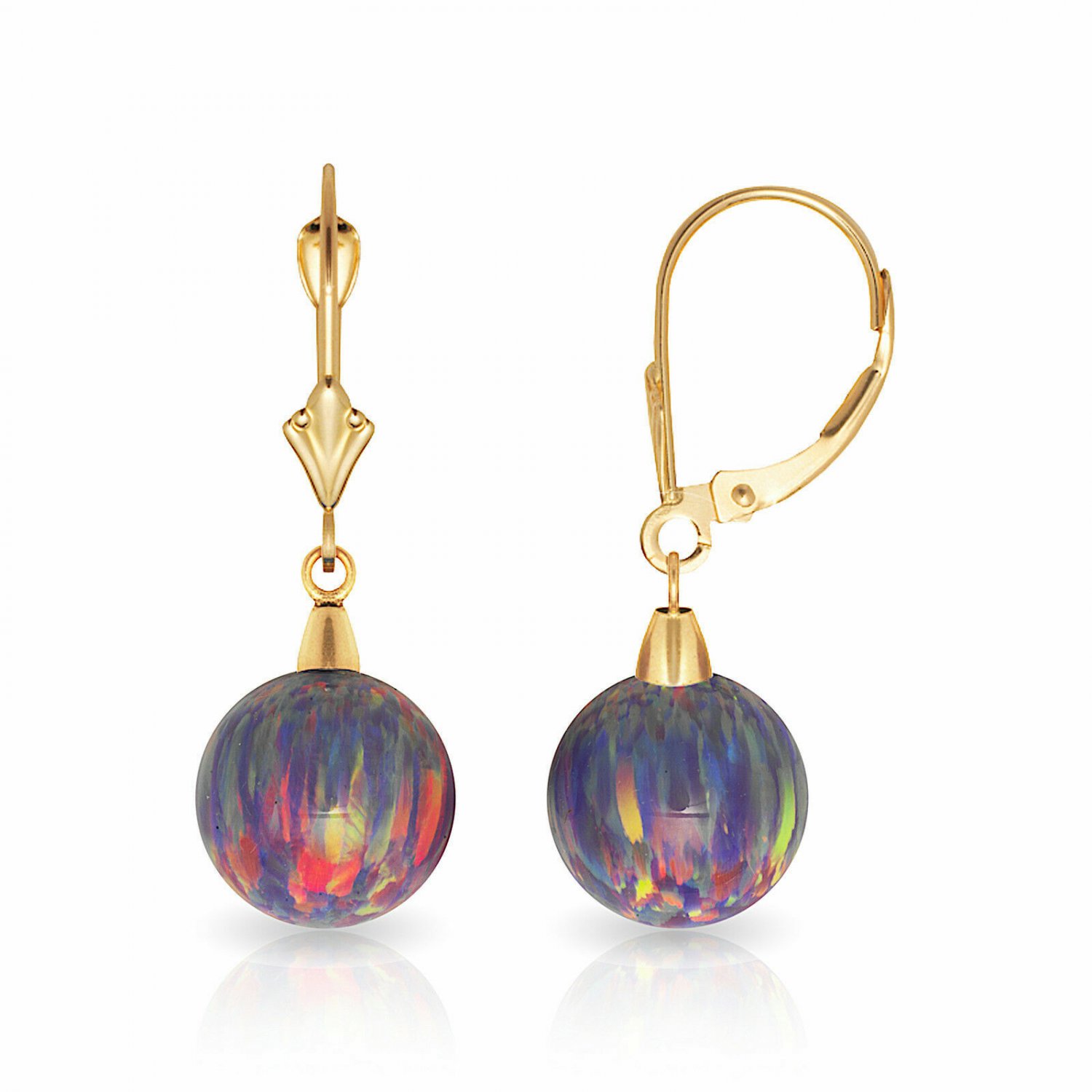 14K Yellow Gold 9MM Ball Shaped Purple Fire Opal Lever Back Dangle Earrings