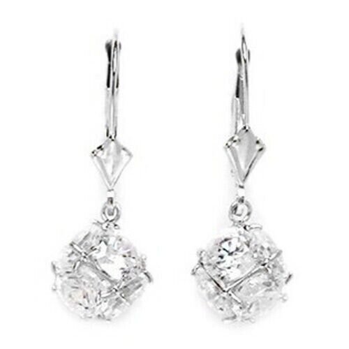 14k White Gold White Sapphire Large Disco Ball Drop Leverback Earrings #LW65