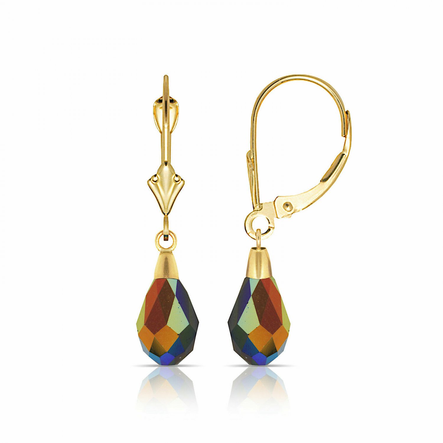 14K Yellow Gold Tear Drop Shaped Multi Color Dangle Drop Lever Back Earrings