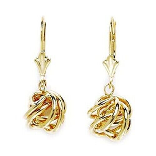 14k Solid 14 k Yellow Gold Dangle Love Knot Leverback Earrings 25x8mm #L66
