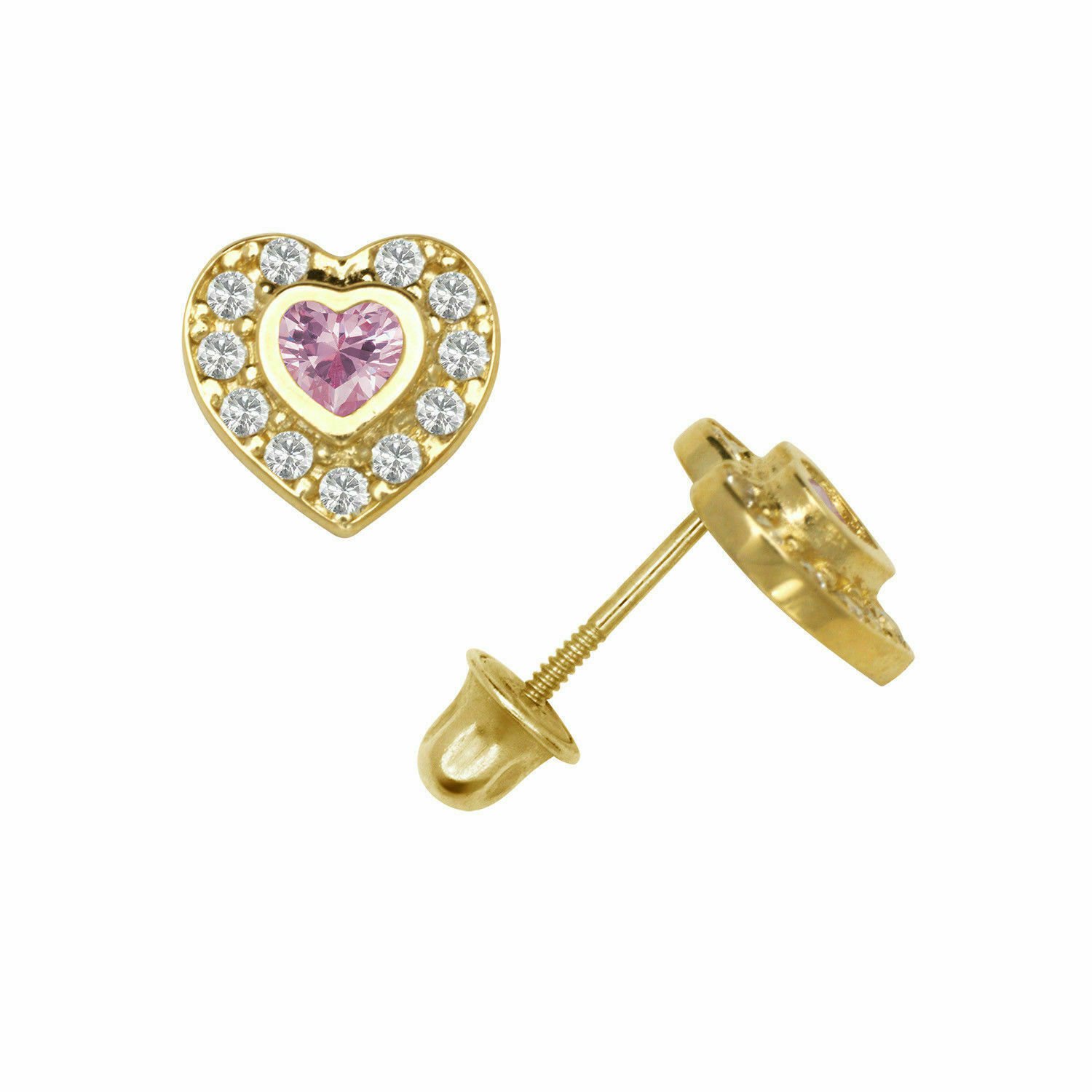 14K Yellow Gold Pink Sapphire Halo CZ Heart Shape Child Screw Back Stud Earrings