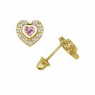 14K Yellow Gold Pink Sapphire Halo CZ Heart Shape Child Screw Back Stud Earrings