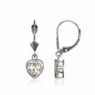 14K White Gold 6MM Bezel Set White Sapphire Heart Lever Back Dangle Earrings