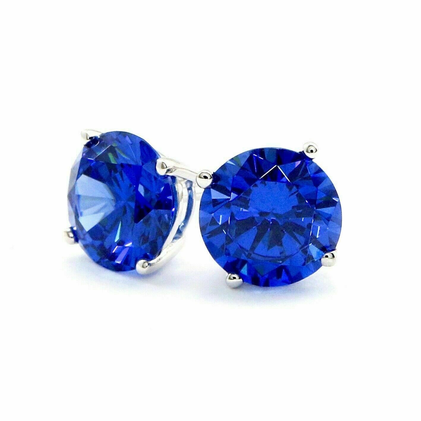 Solid 14K White Gold  2 TCW Blue Diamond Round  Real Screw Back Stud Earrings