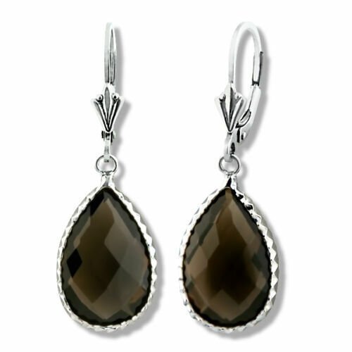 14K WHITE GOLD Natural Smokey Quartz Dangling Pear Drop Leverback Earrings