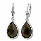 14K WHITE GOLD Natural Smokey Quartz Dangling Pear Drop Leverback Earrings