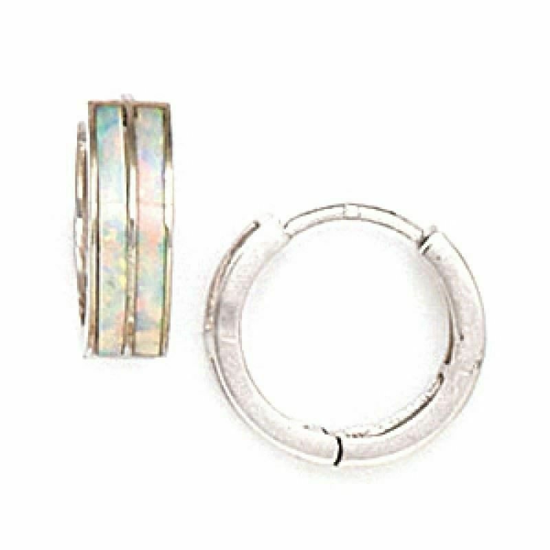 14K Solid White Gold Women/Children's Two Row Opal Huggie Earrings ER-HW67
