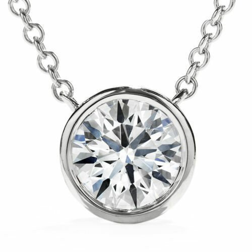 ***14K Solid White Gold 1CT Round Solitaire Bezel Set Chain Pendant Necklace***