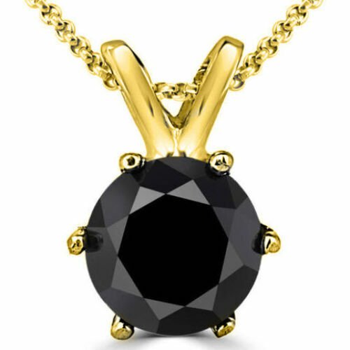 14K Yellow Gold 0.25 CARAT Black Diamond 6 Prong Solitaire Necklace & Chain