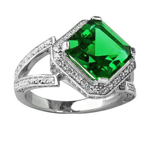 14K White Gold Plated 5.46 CT Unique Women's Emerald Asscher Cut Sapphire Ring