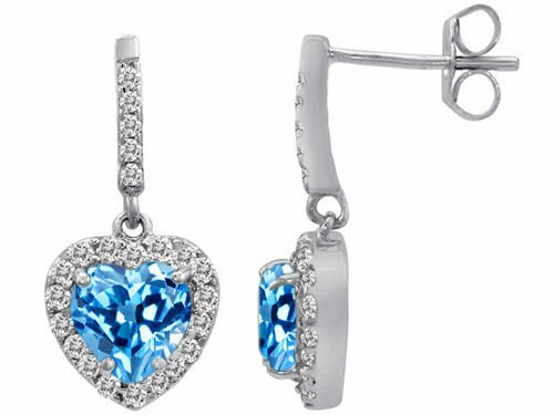 14K WG Plated Silver 2.99 CT Halo Blue Topaz Heart Drop Dangling Earrings