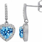 14K WG Plated Silver 2.99 CT Halo Blue Topaz Heart Drop Dangling Earrings