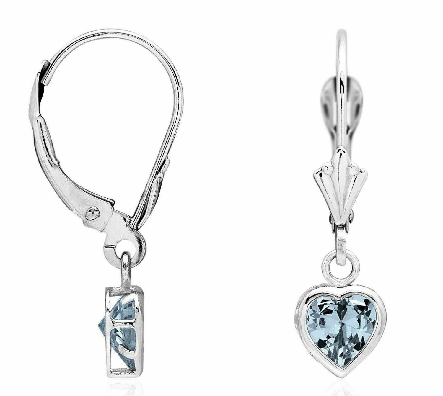 14K White Gold 6MM Bezel Set Aquamarine Heart Lever Back Dangle Earrings
