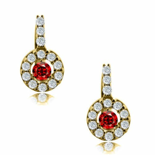 14K Yellow Gold Plated Silver JANUARY Birthstone Halo Drop Lever Back Earrings