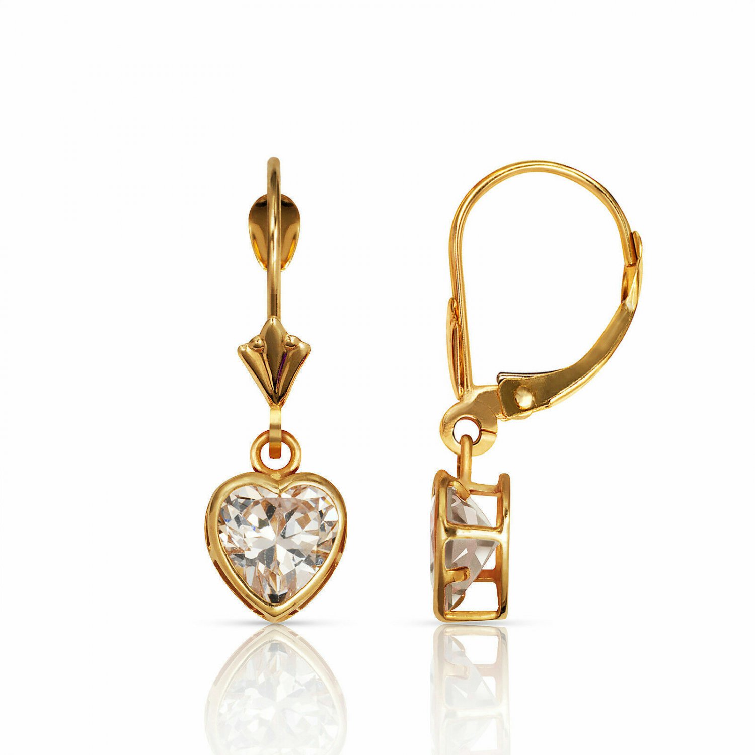 14K Yellow Gold 7MM Bezel Set White Sapphire  Heart Lever Back Dangle Earrings