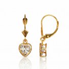 14K Yellow Gold 7MM Bezel Set White Sapphire  Heart Lever Back Dangle Earrings